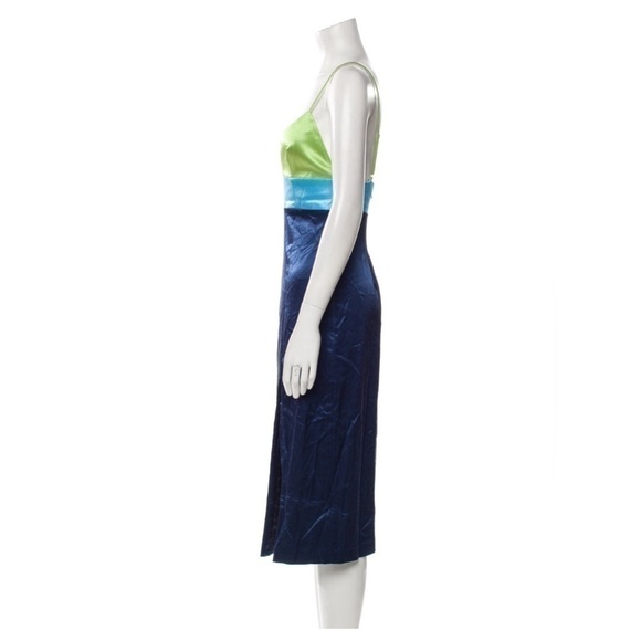 STAUD Ellis Colorblock Satin Blue and Green Slip Dress Size US12 NWT - Picture 9 of 11